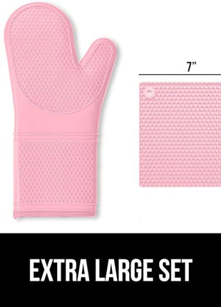 GORILLA GRIP BPA-Free Soft Silicone Oven Mitts and Pot Holders Sets of 4, Heat Resistant Waterproof Cooking Gloves, Thick Cotton Lining, Flexible Gripping for Baking Grilling, Kitchen Trivets, Pink