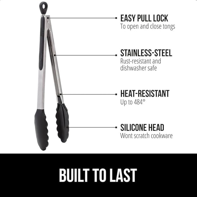 GORILLA GRIP Stainless Steel Heat Resistant Kitchen Tongs for Cooking, 9 + 12 Inch, Set of 2 BBQ Tong, Non Scratch Silicone Tip for Pan, Strong Grip, Grab Food, Toss Salad, Air Fryer, Pull Lock, Black