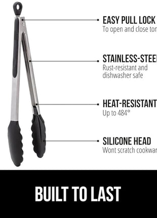 GORILLA GRIP Stainless Steel Heat Resistant Kitchen Tongs for Cooking, 7 + 9 + 12 Inch Set of 3 BBQ Tong, Non Scratch Silicone Tip for Pans, Strong Grip, Grab Food, Salad, Pull Lock, Black Gray Blue