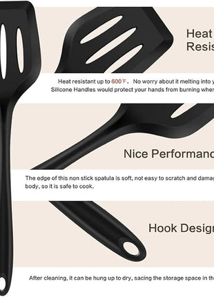 Silicone Spatula Turner Set, 2PCS Heat-Resistant Non-Stick Fish Slotted Spatula Kitchen Utensil Set for Cooking, Baking and Mixing, BPA Free & Dishwasher Safe (Black)