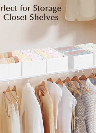 DIMJ Drawer Organizers Clothes, Set of 16 Dresser Organizer Bins, Fabric Closet Organizers and Storage, Shallow Drawer Dividers for Nursery, Clothing, Baby Clothes, Socks, Underwears, Tie (White)