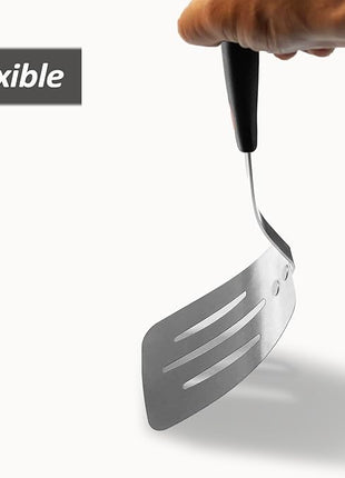 Stainless Steel Flexible Spatula Slotted Turner, XiaoZu Thin Metal Spatula for Cast Iron Skillet, Thin Blade and Heat Resistant Silicone Handle, Great for Egg, Cookie, Meat, Crep, Medium + Large