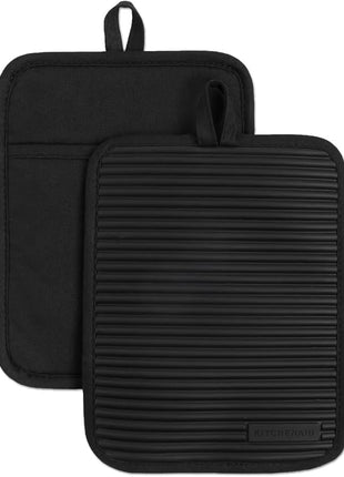KITCHENAID Ribbed Soft Silicone Pot Holder 2-Pack Set, Matte Black, 7"x9"