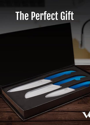Vos Ceramic Knife Set in Elegant Gift Box, Ceramic Knives Set For Kitchen, Ultra Sharp Kitchen Knife Set with Covers, 4" 5" 6" Paring, Santoku & Chef Knife, Lightweight, Dishwasher safe (Blue Handle)