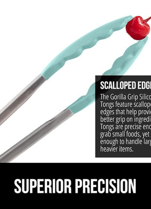 GORILLA GRIP Stainless Steel Heat Resistant Kitchen Tongs for Cooking, 9 + 12 Inch, Set of 2 BBQ Tong, Non Scratch Silicone Tip for Pan, Strong Grip, Grab Food, Toss Salad, Air Fryer, Pull Lock, Mint