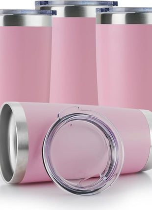 DOMICARE 20oz Stainless Steel Tumbler Bulk with Lid, Double Wall Vacuum Insulated Travel Mug, Powder Coated Coffee Cup, Pink, 4 Pack