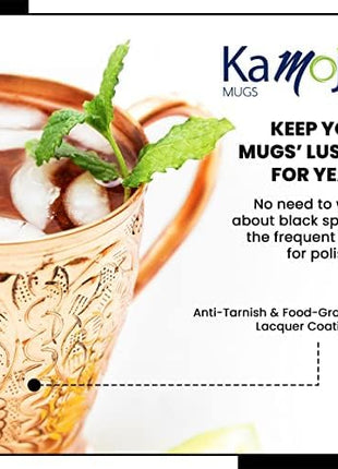 Moscow Mule Copper Mugs Set of 4 with Unique Handcrafted Embossed Design with Anti-Tarnish Food-Grade Coating - Copper Cups Gift Set with 4 Straws & Recipe E-Book, 16 oz
