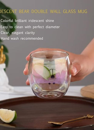 Cute Mugs Double Wall Glass Coffee Glass Cup Kawaii Bear Tea Milk Cup Funny Mug Animal Mug Aesthetic Cup for Office and Personal Birthday Gift (Iridescent Bear)