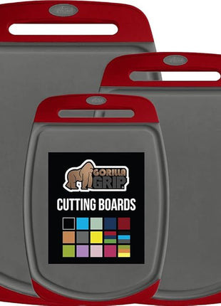 GORILLA GRIP BPA-Free Reversible Kitchen Cutting Board Set of 3, US Designed, Nonporous, Juice Grooves Catch Liquid, Slip Resistant Border, Dishwasher Safe, Durable Large Food Chopping Boards Red Gray