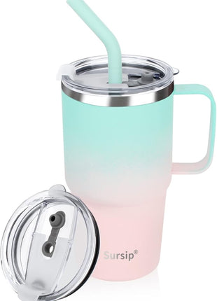 Sursip Kids Tumbler with Handle and Straw, 24 oz Stainless Steel Insulated Cpus for Boys Girls Leak-proof Lid Keep Cold Heat and Ice, Gifts for Kids Cups(Green/Pink-1 Pack)