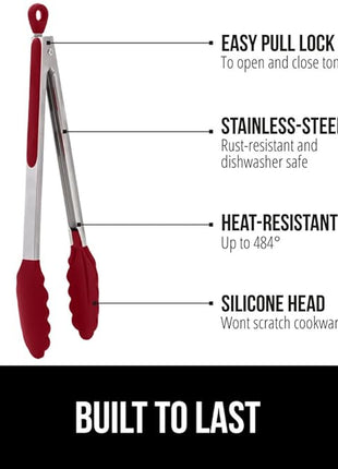 GORILLA GRIP Stainless Steel Heat Resistant Kitchen Tongs for Cooking, 9 + 12 Inch, Set of 2 BBQ Tong, Non Scratch Silicone Tip for Pan, Strong Grip, Grab Food, Toss Salad, Air Fryer, Pull Lock, Red