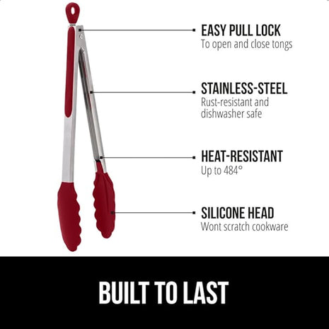 GORILLA GRIP Stainless Steel Heat Resistant Kitchen Tongs for Cooking, 9 + 12 Inch, Set of 2 BBQ Tong, Non Scratch Silicone Tip for Pan, Strong Grip, Grab Food, Toss Salad, Air Fryer, Pull Lock, Red