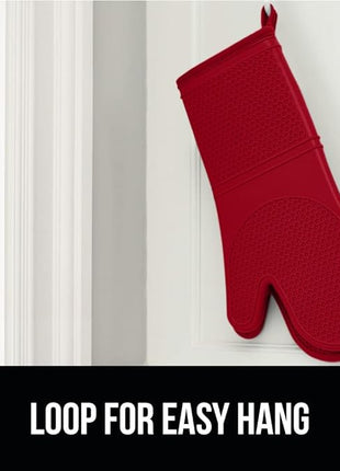 GORILLA GRIP BPA-Free Soft Silicone Oven Mitts, Heat Resistant and Waterproof Cooking Gloves, Thick Cotton Lining, Flexible Gripping Kitchen Potholders Set of 2, Christmas Kitchen Decor, 12.5x8.3, Red