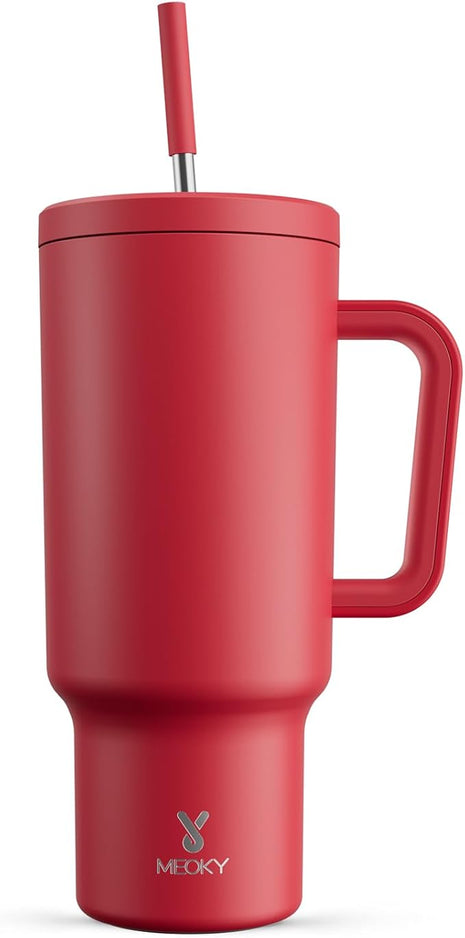 Meoky 40 oz Tumbler with Handle and Straw: Stainless Steel Insulated Tumbler with Lid and Straw - 100% Leak Proof Tumbler for Car Cup Holders - Travelers Commuters Workers, Red