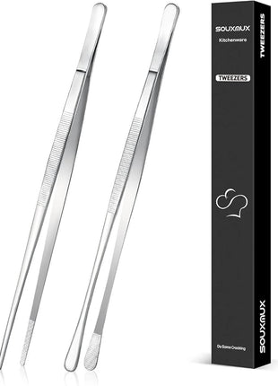 2 Pcs 10-inch Cooking Tweezers Tongs Precision Serrated Tips, Stainless Steel Professional Chef Tweezer Kitchen Tools for BBQ, Plating and Serving (Silver)