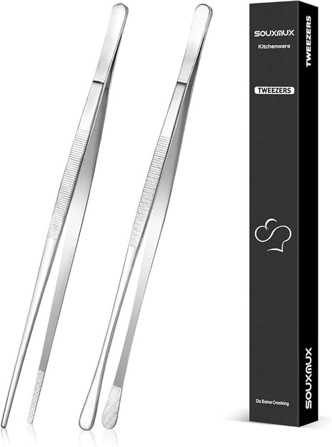 2 Pcs 10-inch Cooking Tweezers Tongs Precision Serrated Tips, Stainless Steel Professional Chef Tweezer Kitchen Tools for BBQ, Plating and Serving (Silver)