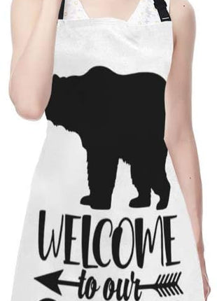 EKOBLA Welcome To Our Cabin Aprons Bear Portrait Arrow White Black Background Waterproof Resistant Chef Cooking Kitchen BBQ Adjustable Aprons for Women Men 27x31 Inch