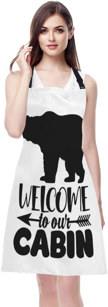 EKOBLA Welcome To Our Cabin Aprons Bear Portrait Arrow White Black Background Waterproof Resistant Chef Cooking Kitchen BBQ Adjustable Aprons for Women Men 27x31 Inch