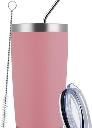 MEWAY 20oz Tumbler Cup Double Wall Vacuum Insulated Travel Mug Bulk, Stainless Steel Tumblers with Lid and Straw, Durable Powder Coated Coffee Cups for Cold & Hot Drinks (Pink, 1)