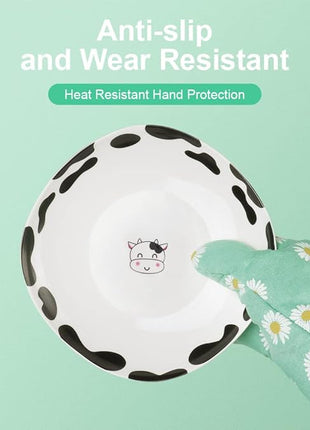 AUAUY Oven Mitts and Potholders, BBQ Gloves Heat Resistant, 1 Pair Oven Mitts and 2 Pot Holders, Cotton Non-Slip Cooking Gloves Home Essentials for Cooking Baking Kitchen Microwave Pizza (Daisy-Green)