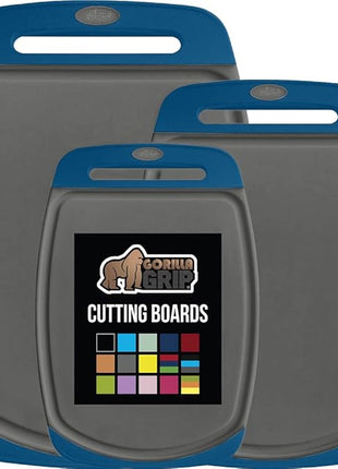 GORILLA GRIP BPA-Free Reversible Kitchen Cutting Board Set of 3, US Designed, Nonporous, Juice Grooves Catch Liquid, Slip Resistant Border, Dishwasher Safe, Durable Food Chopping Boards, Blue Gray