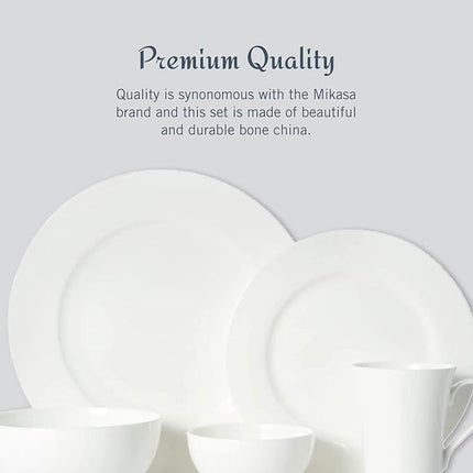 Mikasa Delray 40-Piece White Dinnerware Set, Service for 8, Durable Porcelain Plates, Bowls, and Mugs, Dishwasher and Microwave Safe