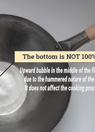 Craft Wok Flat Hand Hammered Carbon Steel Pow Wok with Wooden and Steel Helper Handle (14 Inch, Flat Bottom) / 731W316