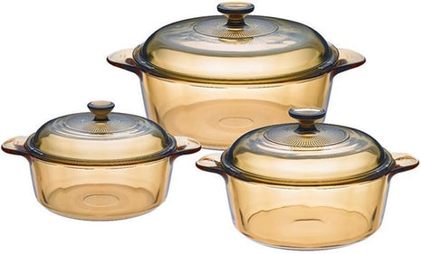 Visions (6) Piece Amber 2.5q, 3.5L, and 5qt Versa Pot Set with Matching Glass Lids