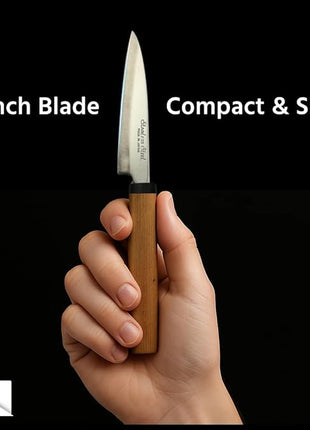 Japanese Paring Knife 4-Inch, High Carbon Stainless Steel Fruit Knife with Wooden Handle and Sheath, Small Utility Kitchen Knife for Peeling, Coring, Mincing, Made in Japan