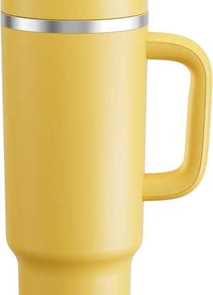 ENCOOL 40 oz Tumbler with Handle and Straw: Stainless Steel Insulated Tumbler Keeps Cold for 24 Hours, Leakproof Travel Cup Fits in Cup Holder and BPA-Free,Elfin Yellow