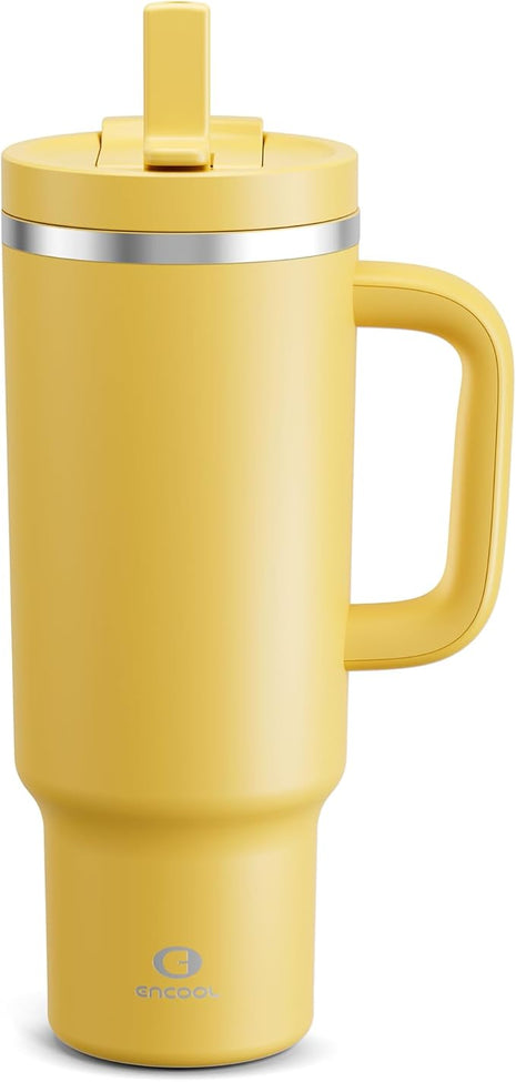 ENCOOL 40 oz Tumbler with Handle and Straw: Stainless Steel Insulated Tumbler Keeps Cold for 24 Hours, Leakproof Travel Cup Fits in Cup Holder and BPA-Free,Elfin Yellow