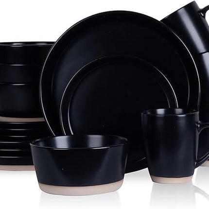 Stone Lain Jules Modern Stoneware 16-piece Round Black Dinnerware Set, Plates and Bowls Sets, Dish Set for 4, Black