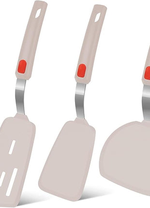 Beijiyi Silicone Spatula Turner Set of 3, 600°F Heat Resistant Nonstick Turner Spatulas for Kitchen Use, Large Flexible Silicone Cooking Utensils Rubber Spatula Set for Egg, Pancake, Fish (Khaki)