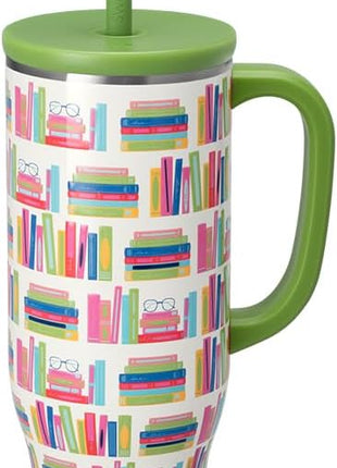 Swig Life 30oz Mega Mug, 30oz Teacher Tumbler with Handle and Straw, Large Insulated Tumblers, Cup Holder Friendly Travel Mug, Stainless Steel 30 oz Tumbler (Book Club)