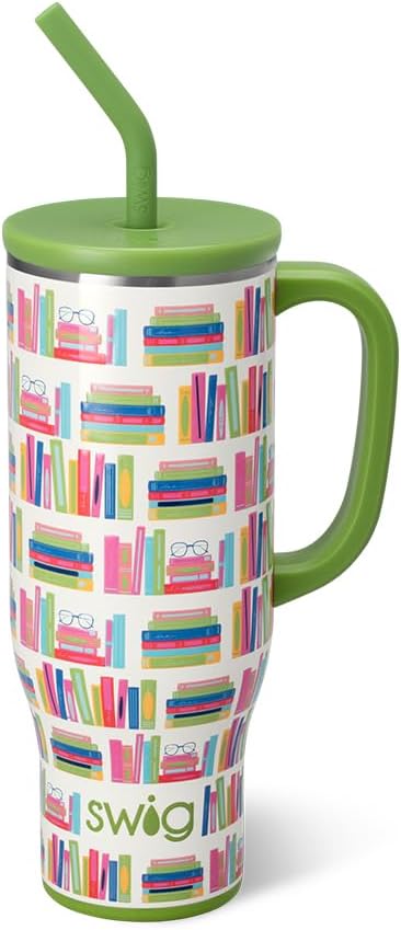 Swig Life 30oz Mega Mug, 30oz Teacher Tumbler with Handle and Straw, Large Insulated Tumblers, Cup Holder Friendly Travel Mug, Stainless Steel 30 oz Tumbler (Book Club)