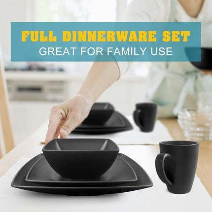 Teivio 32-piece Plastic Kitchen Wheat Straw Square Dinnerware Sets,Service for 8, Unbreakable Dinner Plates, Salad Plates, Snack Bowls, Mugs,Dishwasher Safe,Camping Dishes,Black