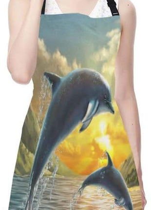 EKOBLA Dolphin Aprons Ocean Jumping Sea Beautiful Sunset Beautiful Landscape Clouds Wave Waterproof Resistant Chef Cooking Kitchen BBQ Adjustable Aprons for Women Men 27x31 Inch