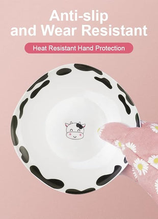 AUAUY Oven Mitts and Potholders, BBQ Gloves Heat Resistant, 1 Pair Oven Mitts and 2 Pot Holders, Cotton Non-Slip Cooking Gloves for Cooking Baking Kitchen Microwave Pizza(Daisy-Pink)