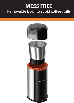 KRUPS: 3oz Coffee Grinder, Ultimate Silent Vortex Plastic and Stainless Steel Grinder with Removable Bowl Mess-Free, 8 Times Quieter, 2 Speeds 240 Watts,Dry Herbs,Dishwasher Safe,12 cups ground Silver