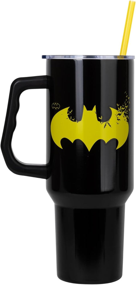Silver Buffalo DC Comics Batman Logo Stainless Steel Tumbler with Handle and Straw, Fits in Standard Cup Holder, 40 Ounces