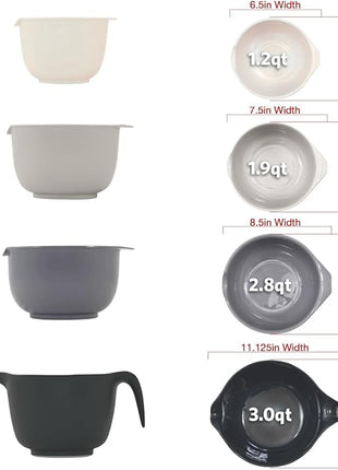 Glad Mixing Bowls with Pour Spout, Set of 4 - Nesting Plastic Bowls (1.2qt, 1.9qt, 2.8qt, and 3qt with Handle) - Non Slip Base, Dishwasher Safe Kitchen Cooking and Baking Supplies, Grey
