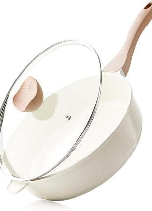 Kordisen Nonstick Ceramic Deep Frying Pan, 11 Inch Non Toxic Skillet with Lid, Healthy Jumbo Cooker, Saute Pan for Cooking, Induction Cookware, PFOA & PFAS Free (Cream)