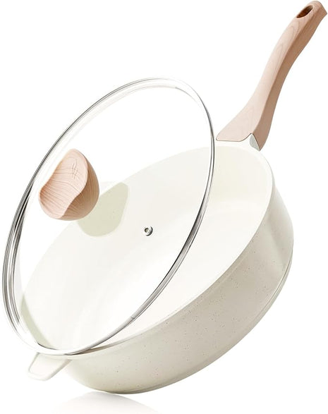 Kordisen Nonstick Ceramic Deep Frying Pan, 11 Inch Non Toxic Skillet with Lid, Healthy Jumbo Cooker, Saute Pan for Cooking, Induction Cookware, PFOA & PFAS Free (Cream)