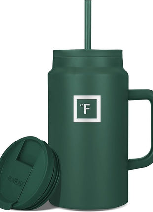 IRON °FLASK Co-Pilot Insulated Mug w/Straw & Flip Cap Lids - Cup Holder Bottle for Hot, Cold Drink - Leak-Proof - Water, Coffee Portable Travel Mug - Dark Pine, 50 Oz