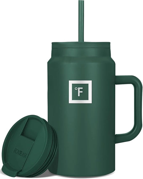 IRON °FLASK Co-Pilot Insulated Mug w/Straw & Flip Cap Lids - Cup Holder Bottle for Hot, Cold Drink - Leak-Proof - Water, Coffee Portable Travel Mug - Dark Pine, 50 Oz