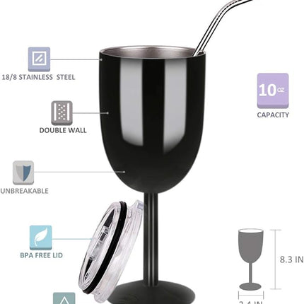 AMZUShome Stainless Steel Wine Glasses Cups.Double Walled Vacuum Insulated Wine Tumbler With Lid and Straw.Friendship,Christmas,Birthday Gifts for Women Men Friends Dad Mom(10oz Black)