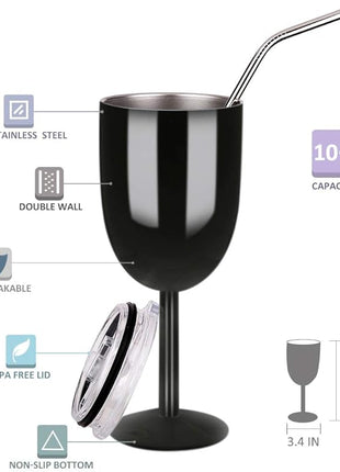 AMZUShome Stainless Steel Wine Glasses(2 Pack).Double Walled Vacuum Insulated Wine Tumbler Cups With Lid and Straw.Friendship,Christmas,Birthday Gifts for Women Men Friends Dad Mom(10oz Black)