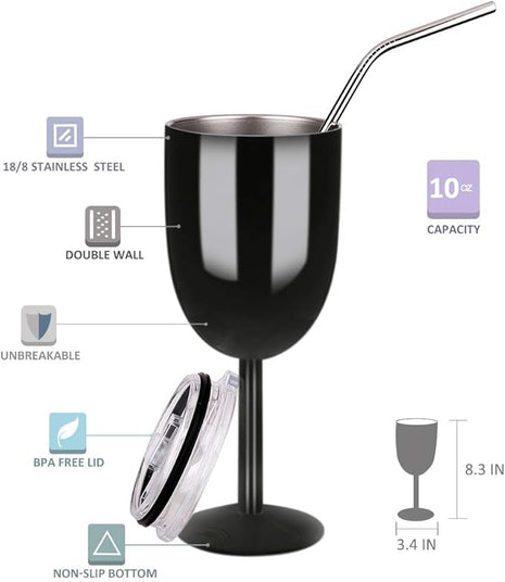 AMZUShome Stainless Steel Wine Glasses(2 Pack).Double Walled Vacuum Insulated Wine Tumbler Cups With Lid and Straw.Friendship,Christmas,Birthday Gifts for Women Men Friends Dad Mom(10oz Black)
