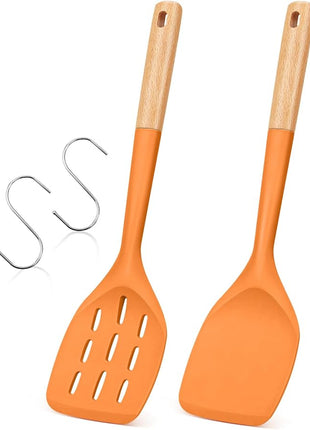 Pack of 2 Silicone Spatula, Non Stick Cooking Utensil Set, Wooden Handle Kitchen Turner for Baking Mixing Grilling Serving Food Heat Resistant (ORANGE)
