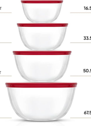 JoyJolt Kitchen Mixing Bowls - 8pc Glass with Lids Set – Neat Nesting Large Bowl Batter Cooking Storage and Big Salad BPA-Free Red